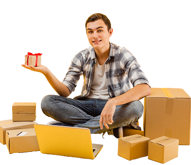 Smiley delivery man with packages beside